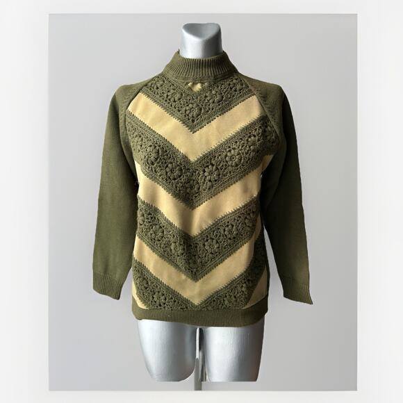 Vintage 60s 70s Wool Knit Sweater Small Green Vinyl Crochet Boho Mod Retro - Picture 1 of 14
